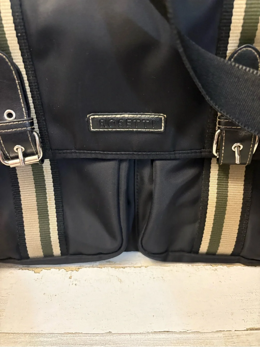 Rosetti Black Tote Messenger with Tan and Cream Stripes
